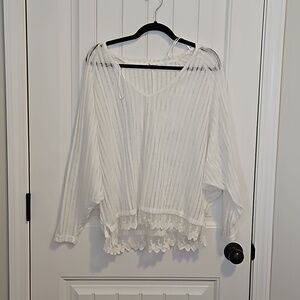 Sheer White Shirt Or Bathing Suit Cover  Up With Lace Detailing Size L